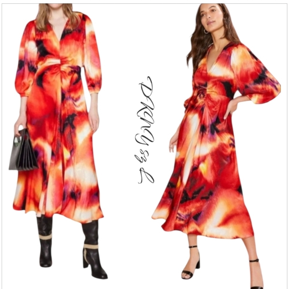 DKNY Printed Satin Midi Dress Red Orange Abstract Puff Sleeve L NWT - Picture 4 of 15